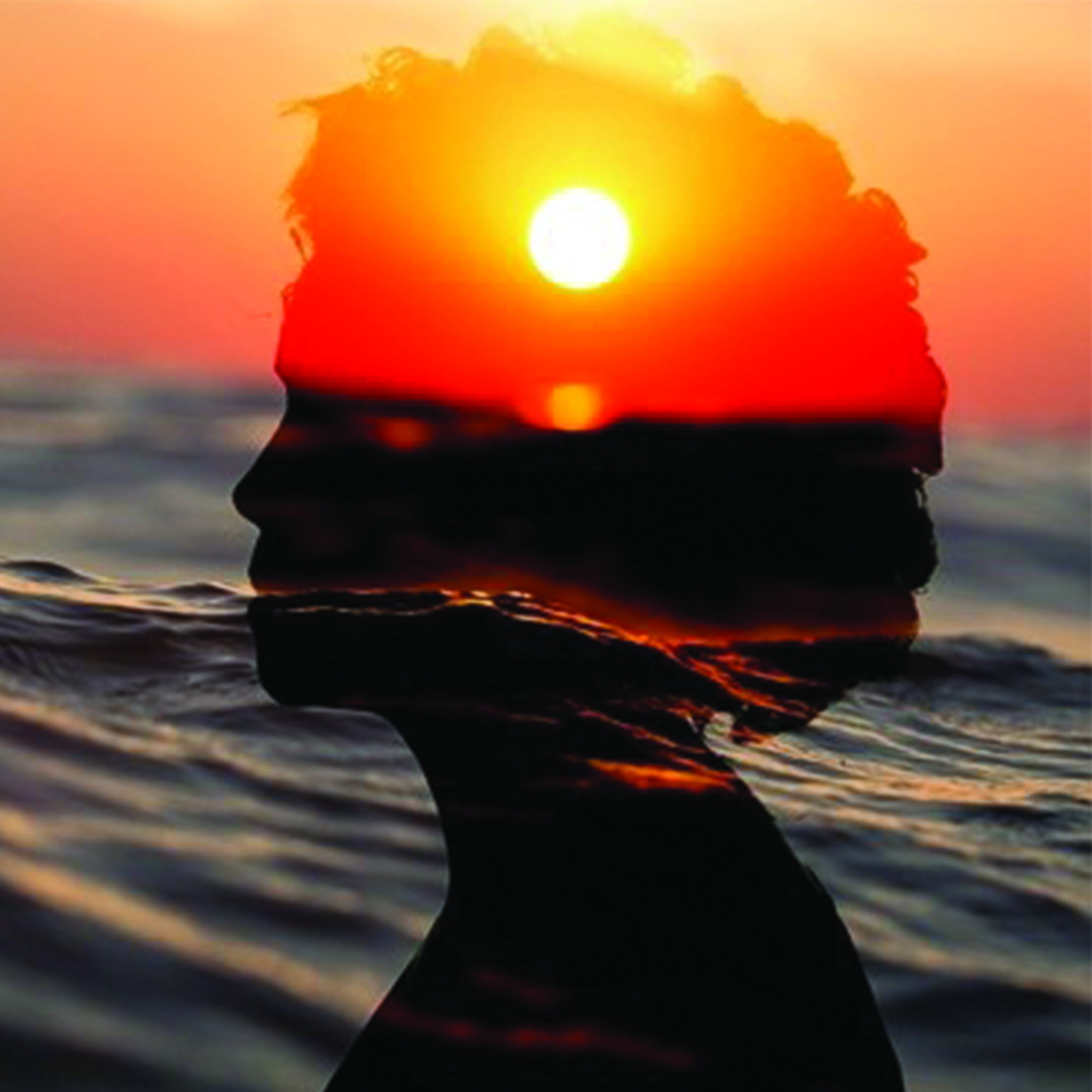 Silhouette of a woman's head over an ocean at sunset, symbolizing flooding then finding grounding amidst work-related stress.