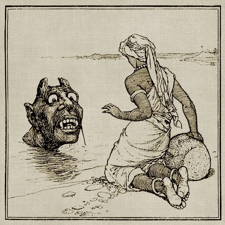 A young woman timidly reaching out to touch a beast rising from the water, symbolizing transforming a fearsome inner critic into an ally.