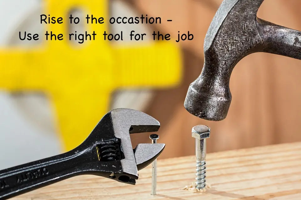 A hammer and a wrench trying to be used with a screw and a nail, symbolizing the frustration of using the wrong tools for life's challenges.