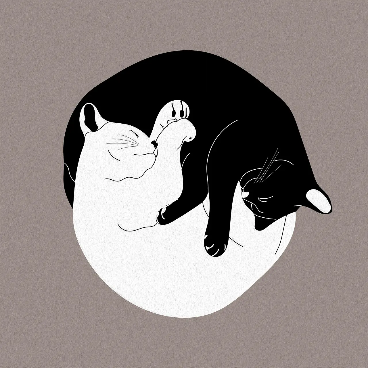 A drawing of a black and a white cat curled up in a yin-yang format, symbolizing the balance between professional growth and emotional nourishment.