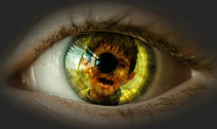 A human eye with the iris replaced by a crying boy against green grassland, his right eye covered by the pupil like a black eye. The image symbolizes extreme hardship and suffering.