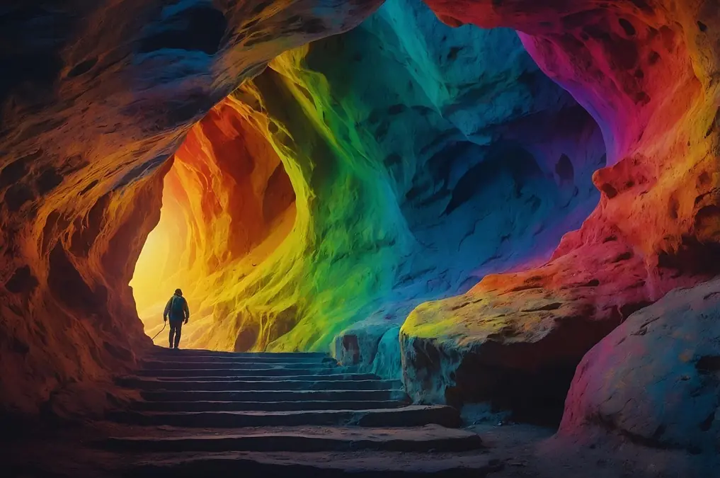 A person walking up a staircase inside a rainbow cave toward a sunlit exit, symbolizing the journey toward self-acceptance.