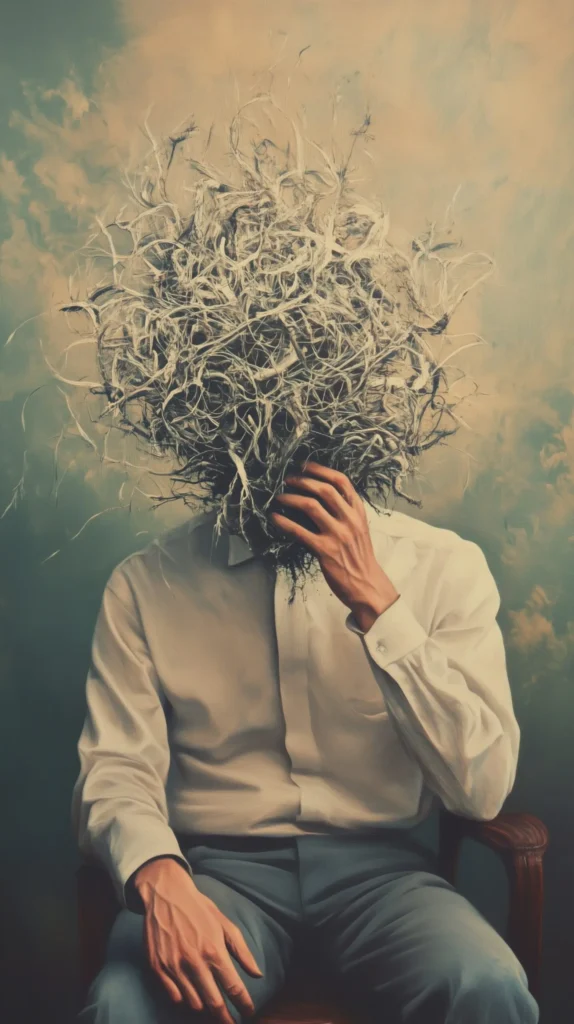 Man with a tangle of threads for a head, symbolizing complex patterns and thoughts that are unraveled in psychotherapy.
