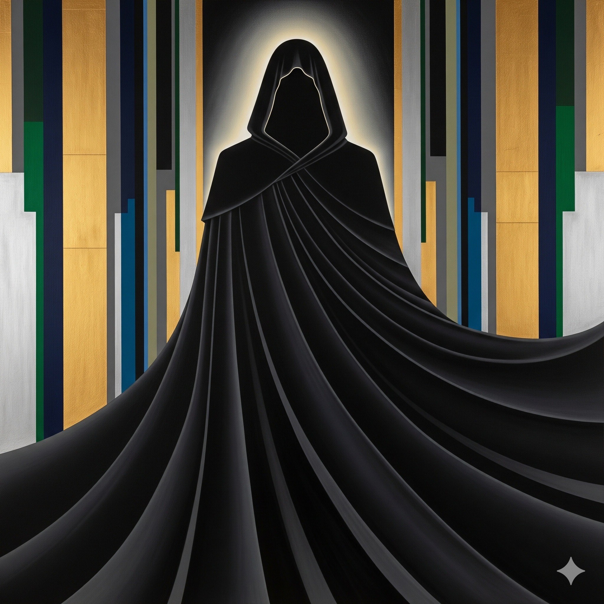 Art Deco image for Open Mind - Open Wings: a large, dark, cloaked figure without a face, symbolizing Lord Anxiety and dread.