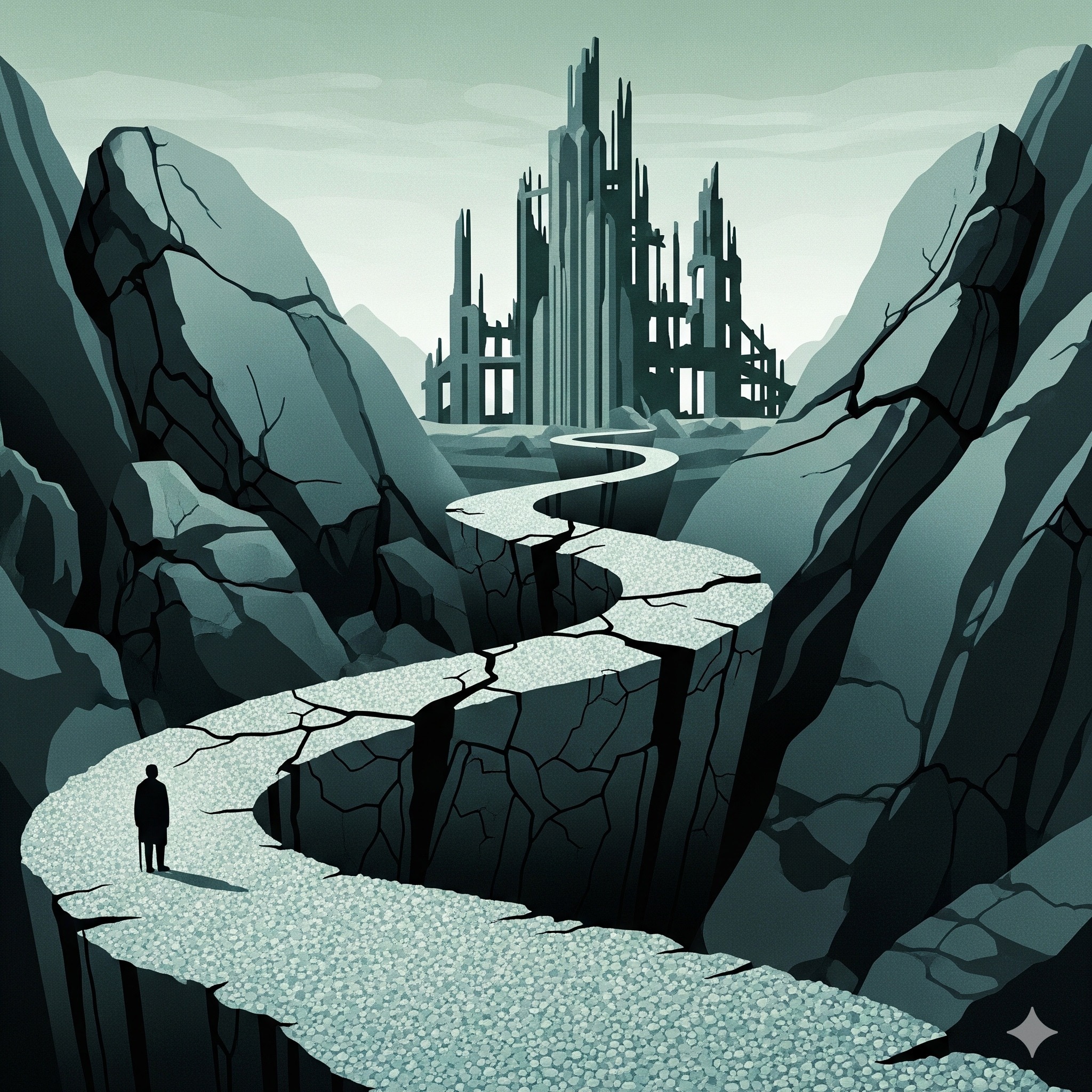 Art Deco image of a path full of obstacles, in need of transforming coaching to lead to a creative party.