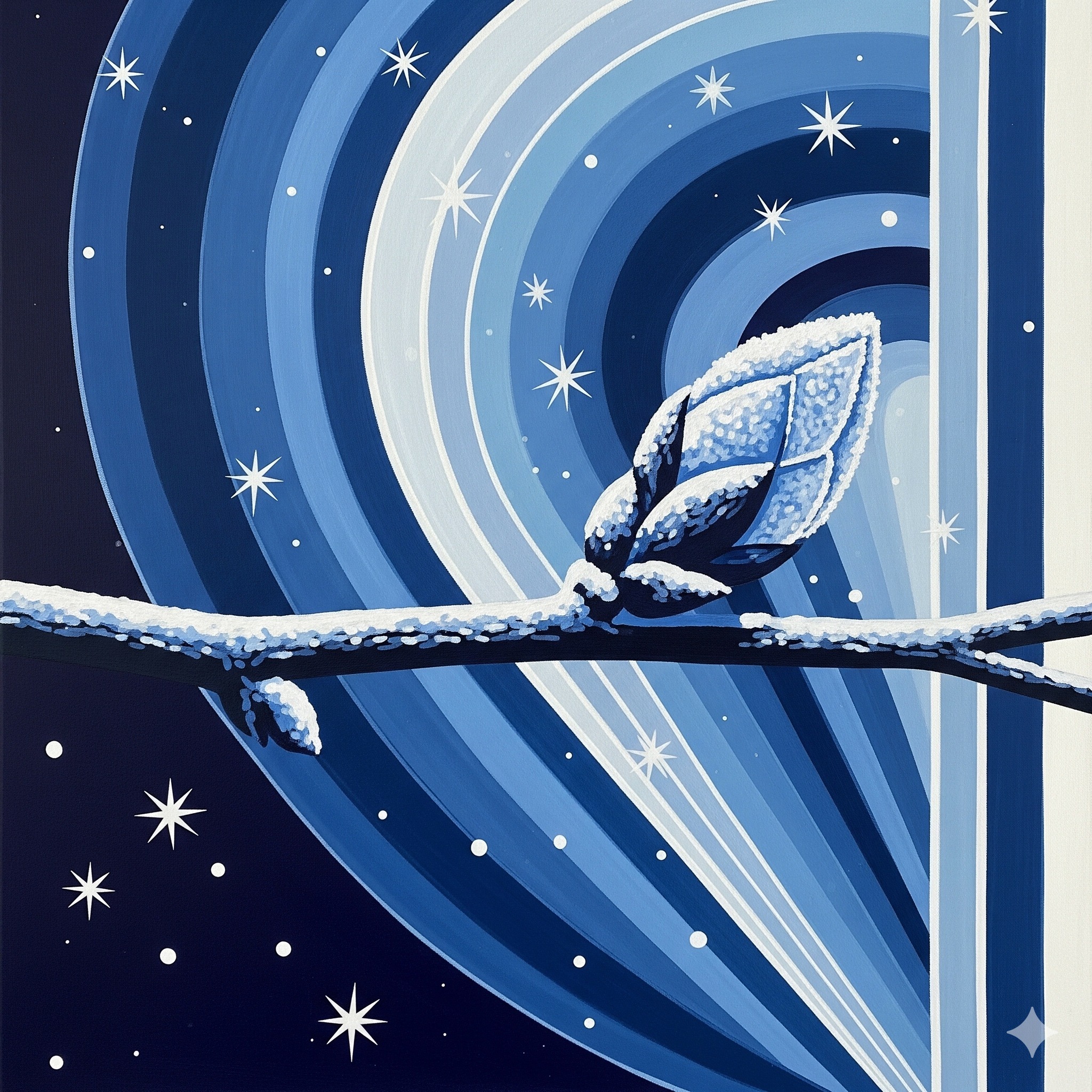 An Art Deco painting for the Open Mind - Open Wings coaching page, showing a frozen bud symbolizing creative block.