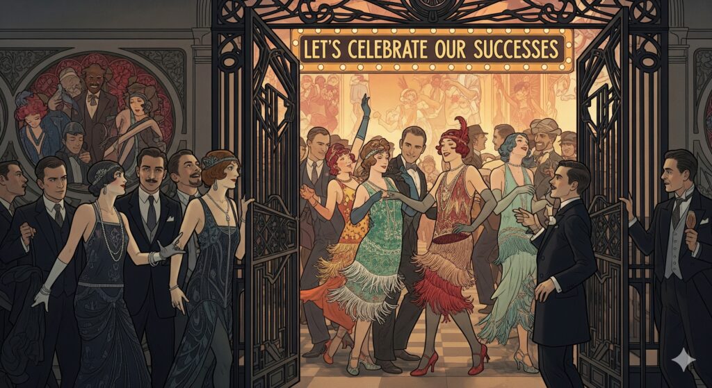 Art Deco party for Open Mind - Open Wings: unproductive thinking patterns revamp into creativity.