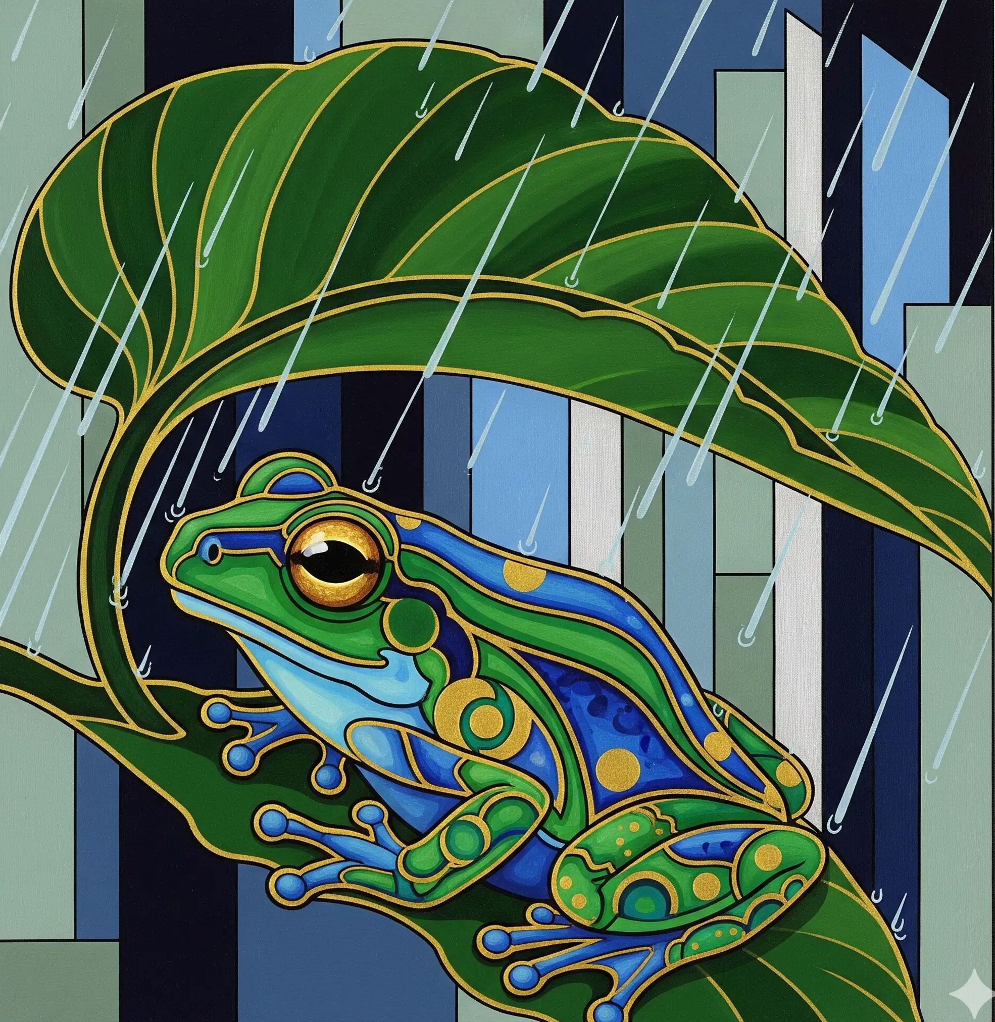 Art Deco image for Open Mind - Open Wings coaching: a colorful frog hiding from the rain, symbolizing self-doubt.