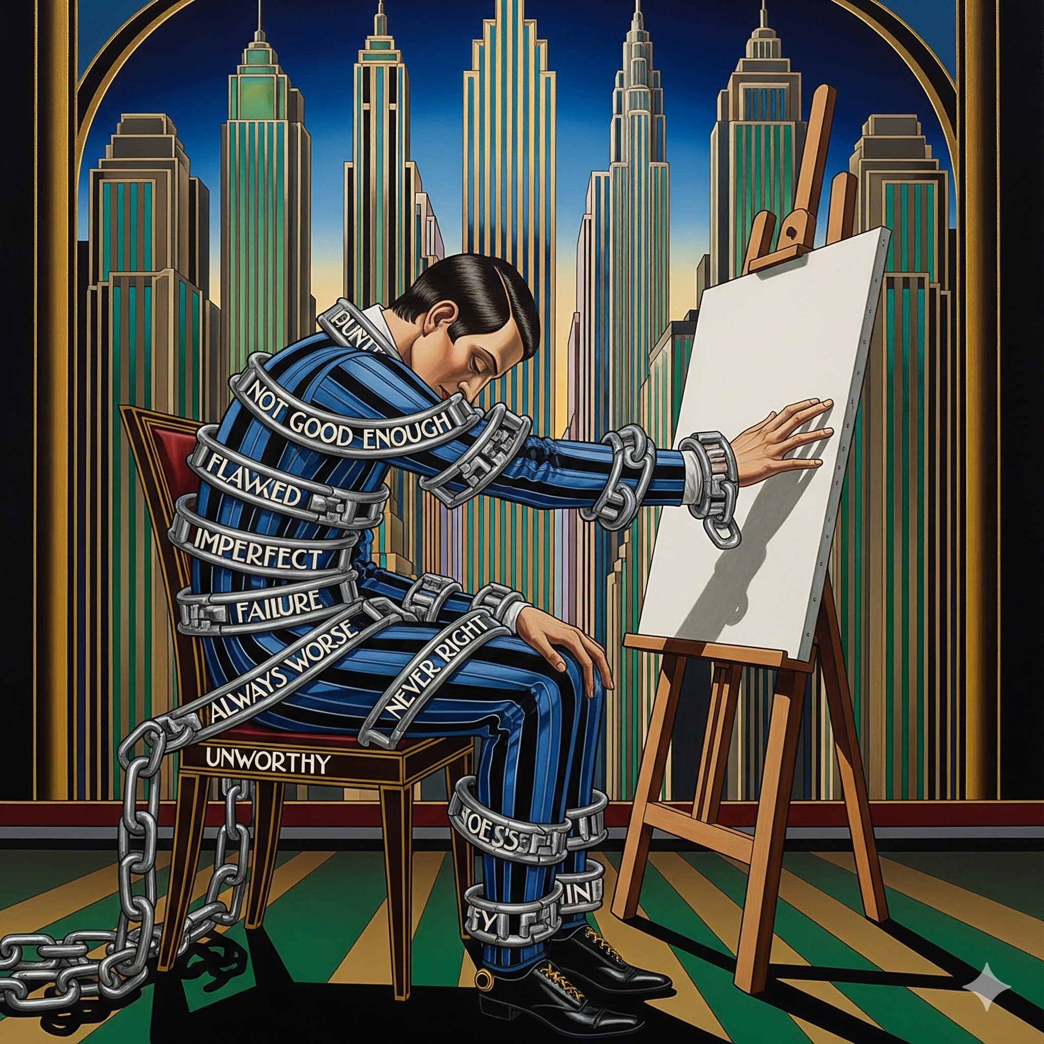 Art Deco image of a creative person paralyzed by perfectionism and fear during transformational coaching.