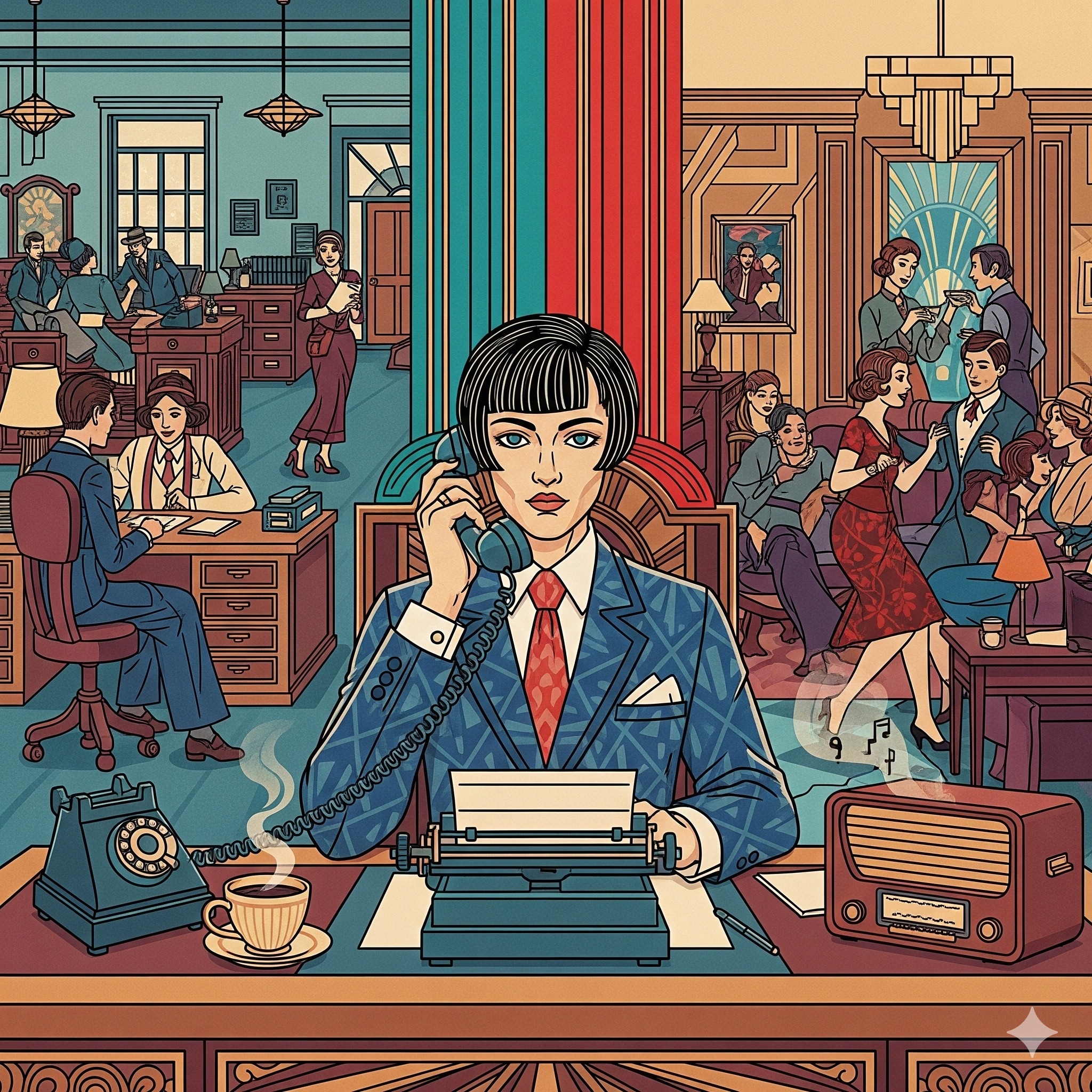 An Art Deco painting for the Open Mind - Open Wings entrepreneur coaching, showing a person balancing work and home life.