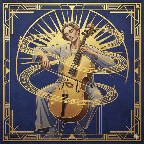 Art Deco cellist surrounded by musical notes, symbolizing the creative flow state and process orientation.
