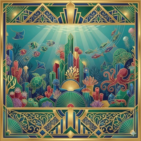 Vibrant Art Deco coral reef teeming with life, symbolizing productive collaboration and creative context.