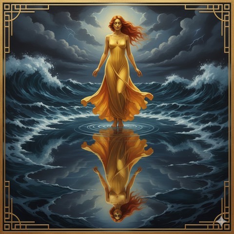 Art Deco woman standing on still water in a stormy ocean, symbolizing inner validation and self-trust.