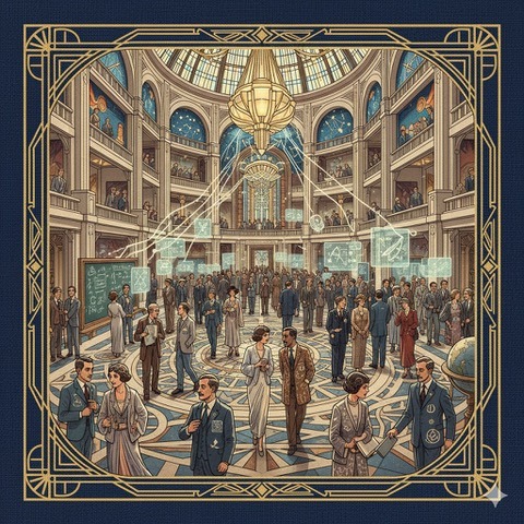 Art Deco hall of scientists and philosophers in discourse, representing critical thinking and idea exchange.