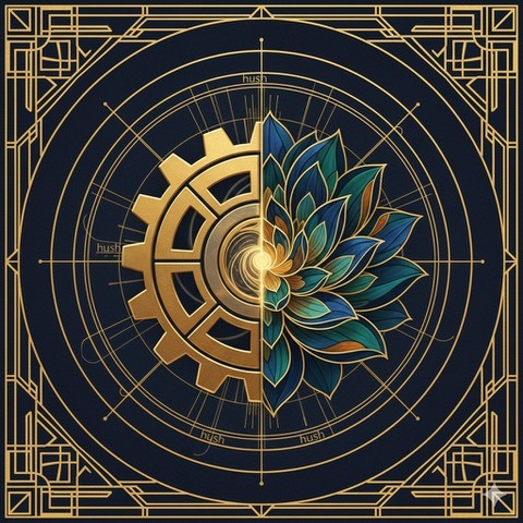 Art Deco gear morphing into a lotus flower, representing cognitive flexibility and transforming ideas.