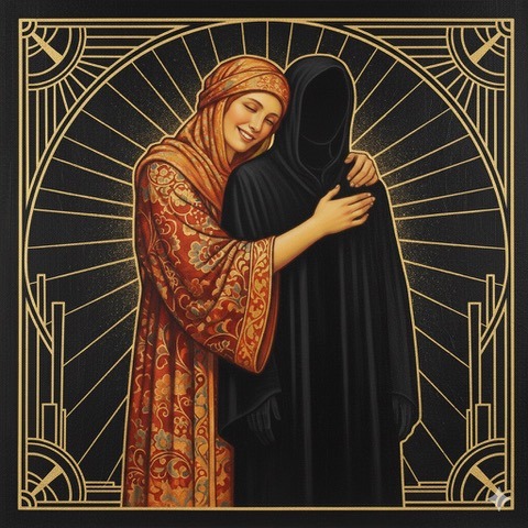 Smiling Art Deco woman embracing a black cloaked figure, symbolizing courage and embracing the unknown.