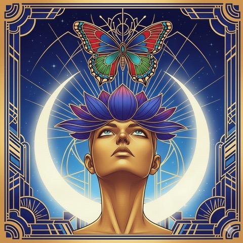 Art Deco logo of a woman's head blooming into a lotus and facing a butterfly, symbolizing psychological growth mindset.