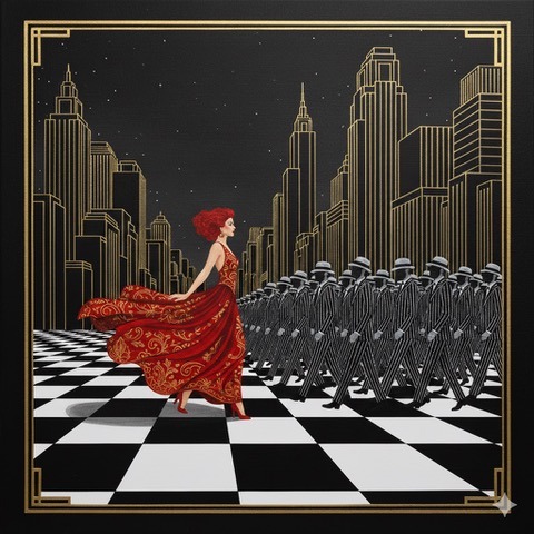 Art Deco woman in red walking against a black-and-white army, symbolizing creative irreverence and non-conformity.