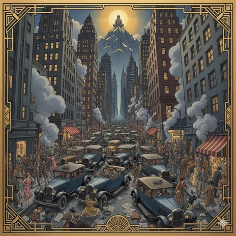 Art Deco figure on a mountaintop observing city chaos below, symbolizing non-judgmental mindfulness.