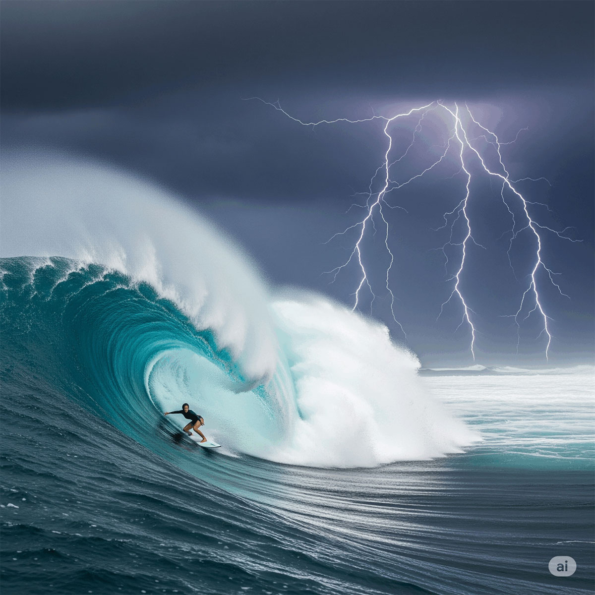 A surfer in a huge barrel wave with lightning in the sky, symbolizing the powerful emotions navigated in anger management and emotion regulation.