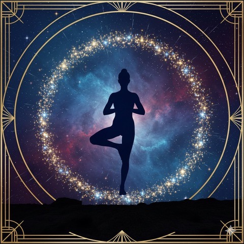 Art Deco silhouette of a person balancing against the Milky Way, symbolizing self-agency and internal locus of control.